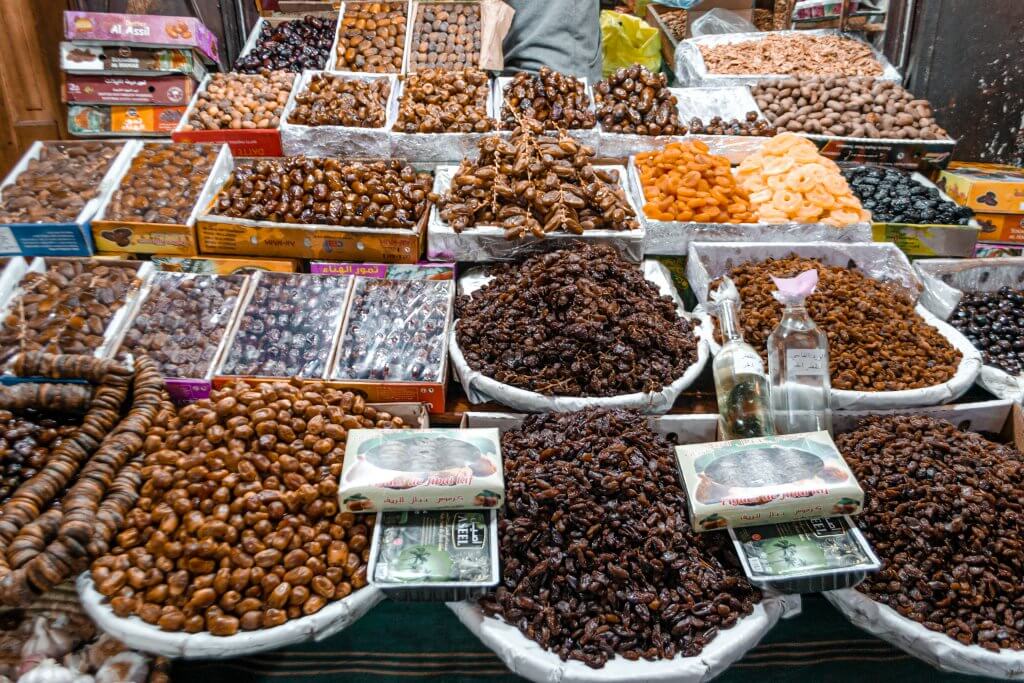 Dates and nuts in the market in Fes, Morocco